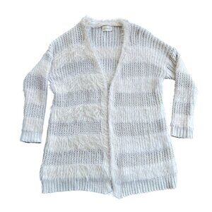 🧶 Dreamers White Fuzzy Knit Striped Cardigan Sweater S/M Soft Cozy
